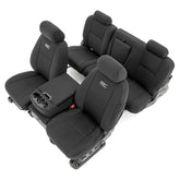 Rough Country neoprene front-seat covers with a snug fit for Silverado/Sierra interiors.