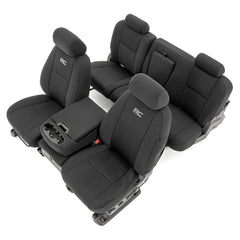 Rough Country neoprene front-seat covers with a snug fit for Silverado/Sierra interiors.