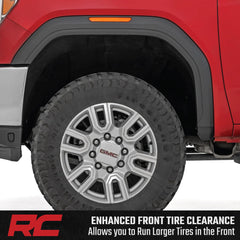 Rough Country Sierra mud flap delete highlights tire clearance improvement.