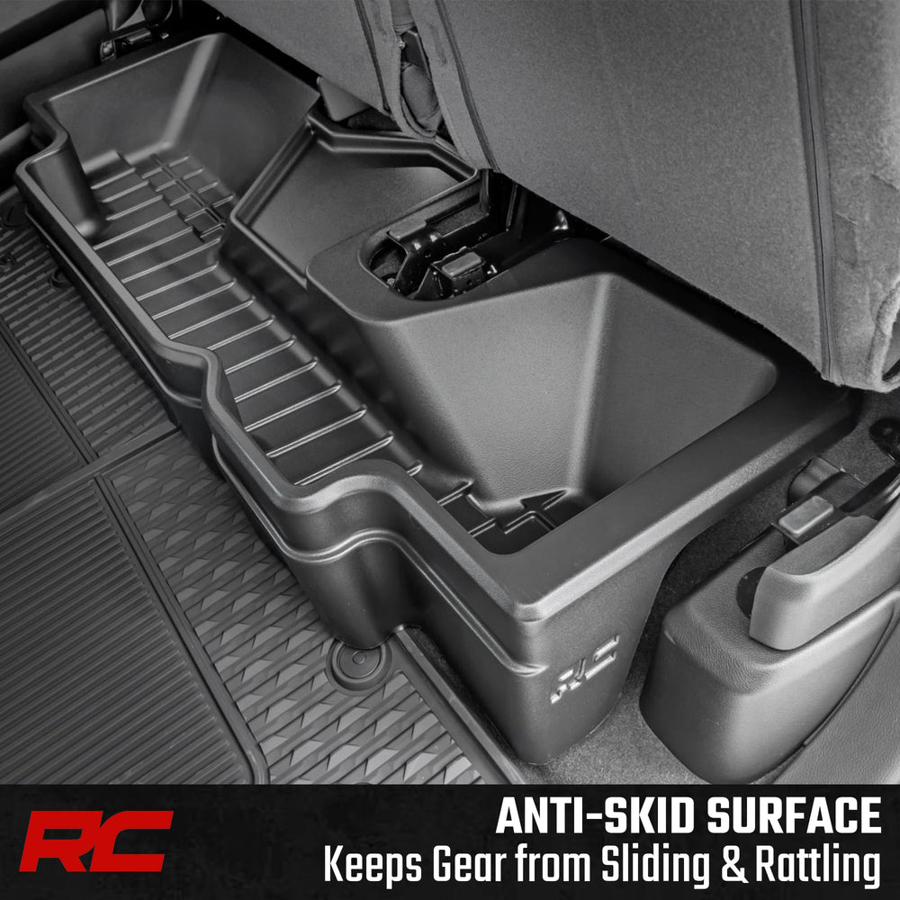 Rough Country under-seat tray organizes tools, recovery gear, and essentials.