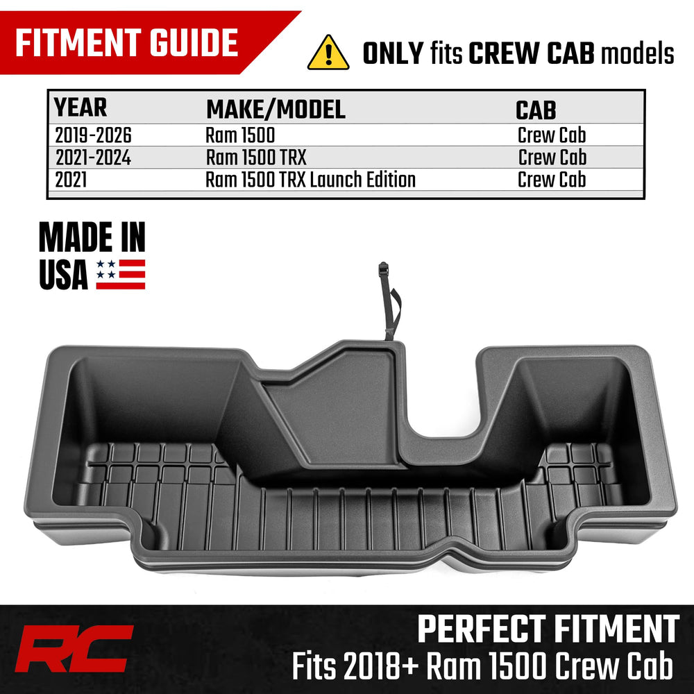 Rough Country under-seat storage keeps bulky tools neatly stowed.
