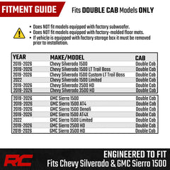 Rough Country under-seat tray fits Silverado and Sierra Double Cab interiors.