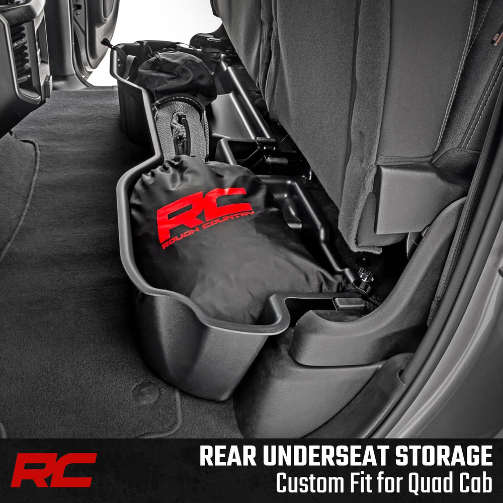 Rough Country quad cab tray provides factory-style fit and durable organization under rear seat.