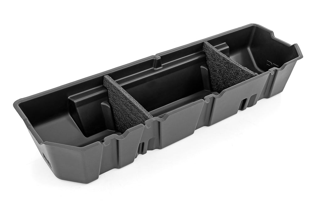 Rough Country under-seat organizer: anti-skid surface prevents rolling gear during drives.