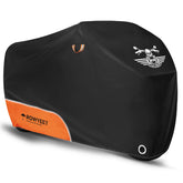 ROWYEET motorcycle cover fabric detail shows waterproof 210D Oxford for all-season protection.