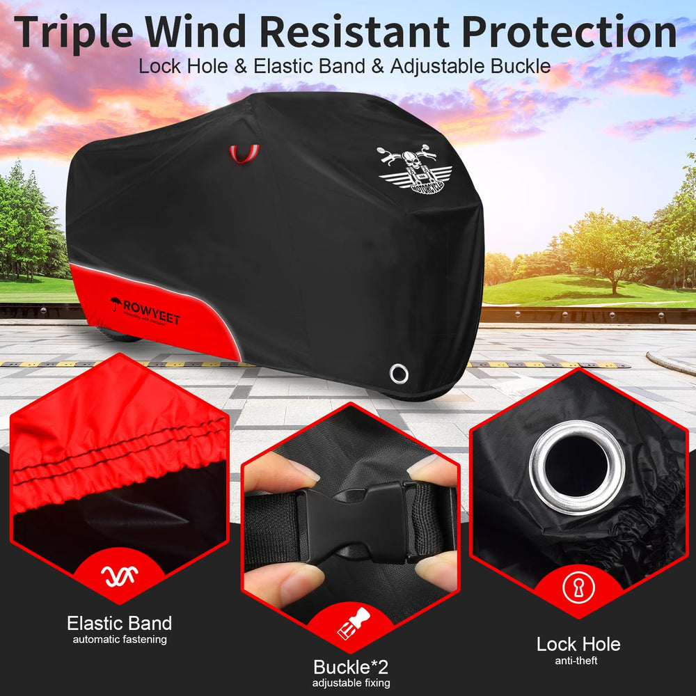 ROWYEET motorcycle cover includes a storage bag for easy transport.