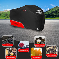 ROWYEET universal-fit cover protects motorcycles up to 116 inches.