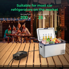 RoyPow C180 powering a portable fridge inside a vehicle