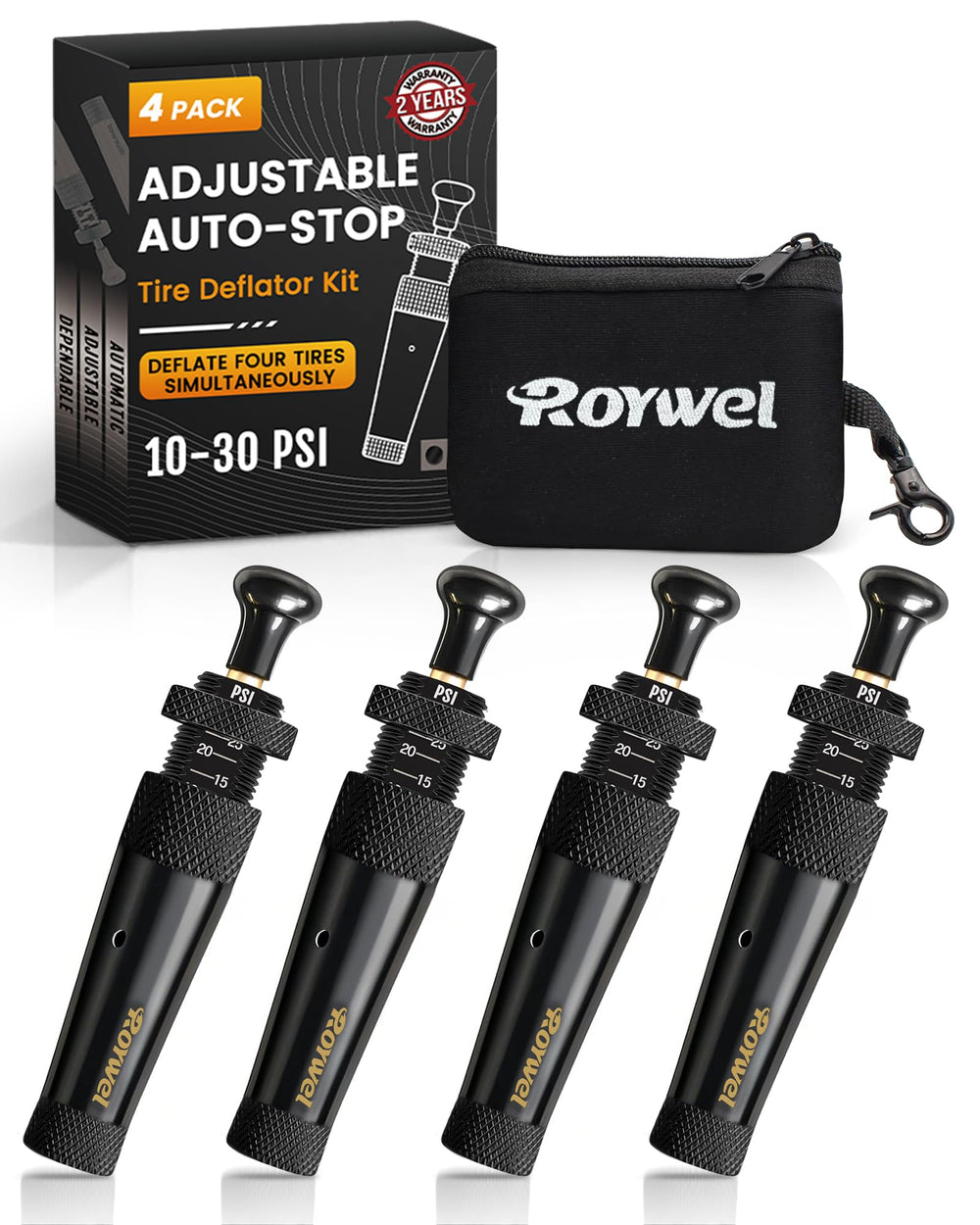 ROYWEL Pro deflators four-pack ready for fast air-down on rugged terrain