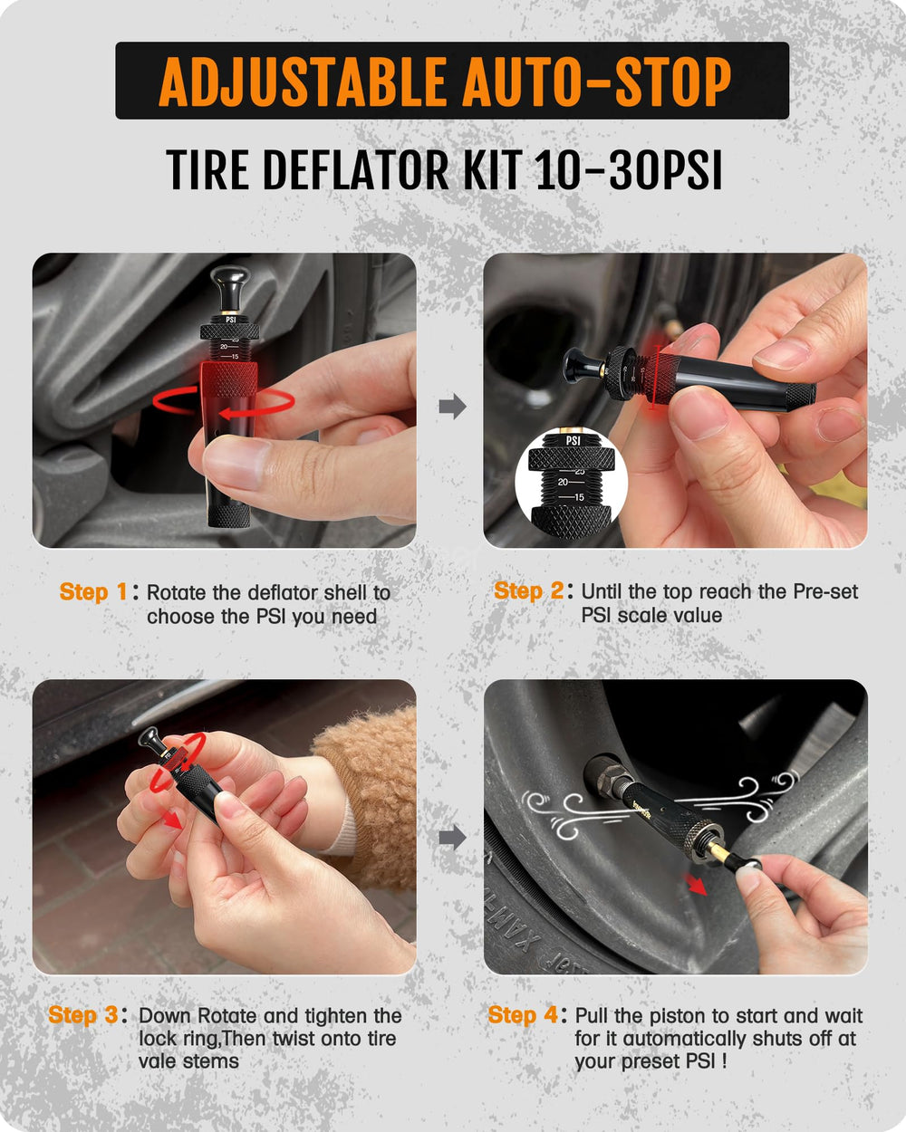 Deflators screwed onto tires enable simultaneous air-down on trails