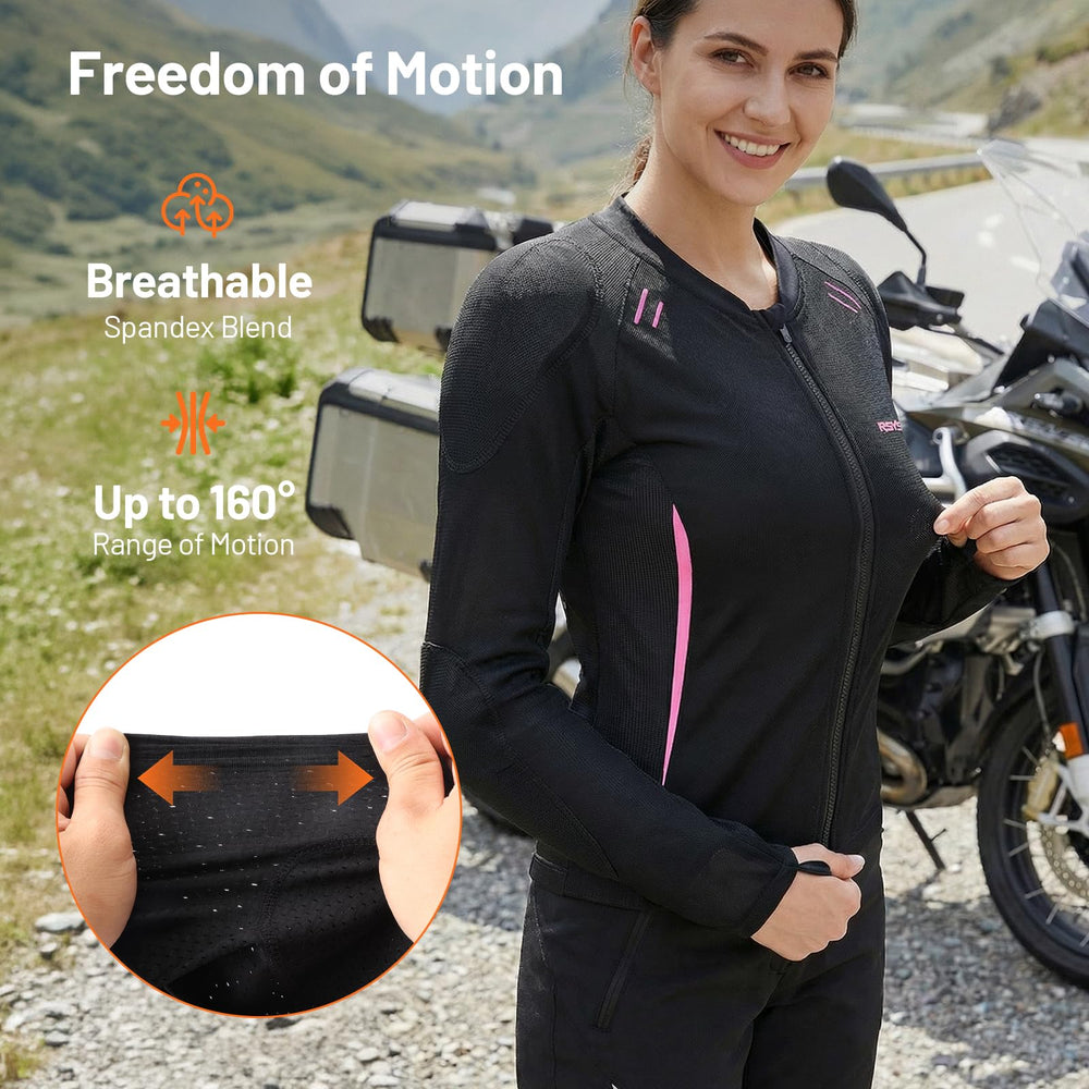 RSYSO protective armor close-up illustrating CE Level 2 shoulder/elbow protection.