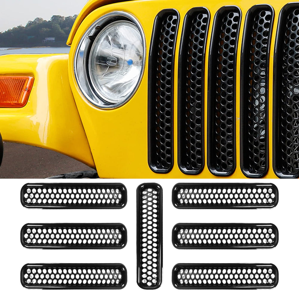 RT-TCZ black honeycomb front grill inserts on Jeep Wrangler TJ for rugged, rust-free upgrade.