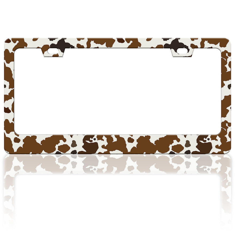 RTINRAN brown cow print license frame adds bold style and durability.