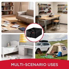 Rubbermaid multi-compartment storage secures items like snacks and tools.