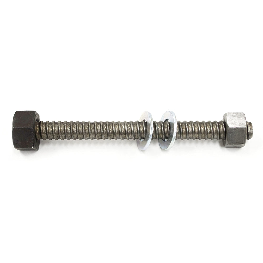 Close-up of welded-on nut and loose nut on Rudedog speed bolt.