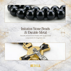 RUDELL Dark-bead car rosary hanging for subtle, non-distracting road decor.