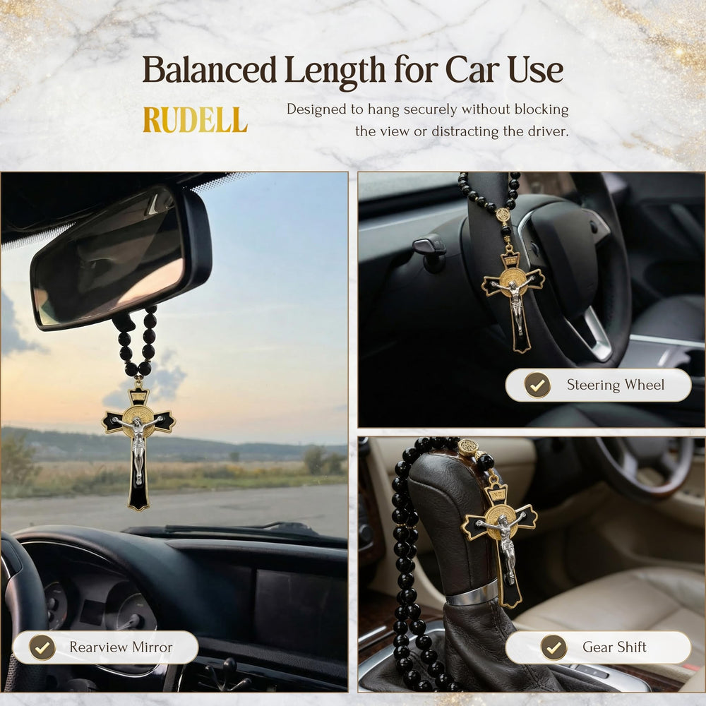 RUDELL Imitation stone beads and metal links for a sturdy car rosary.