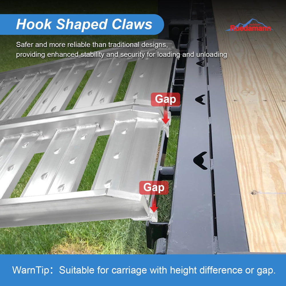 Ruedamann truck ramps show hook-claw design for secure attachment.