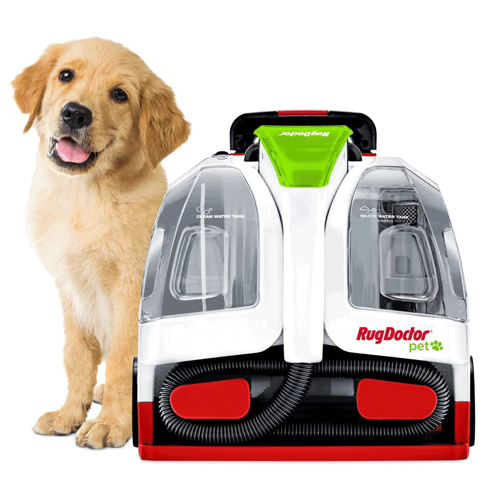 Rug Doctor Pet Portable Spot Cleaner front view highlighting compact design for easy maneuverability.