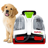 Rug Doctor Pet Portable Spot Cleaner front view highlighting compact design for easy maneuverability.