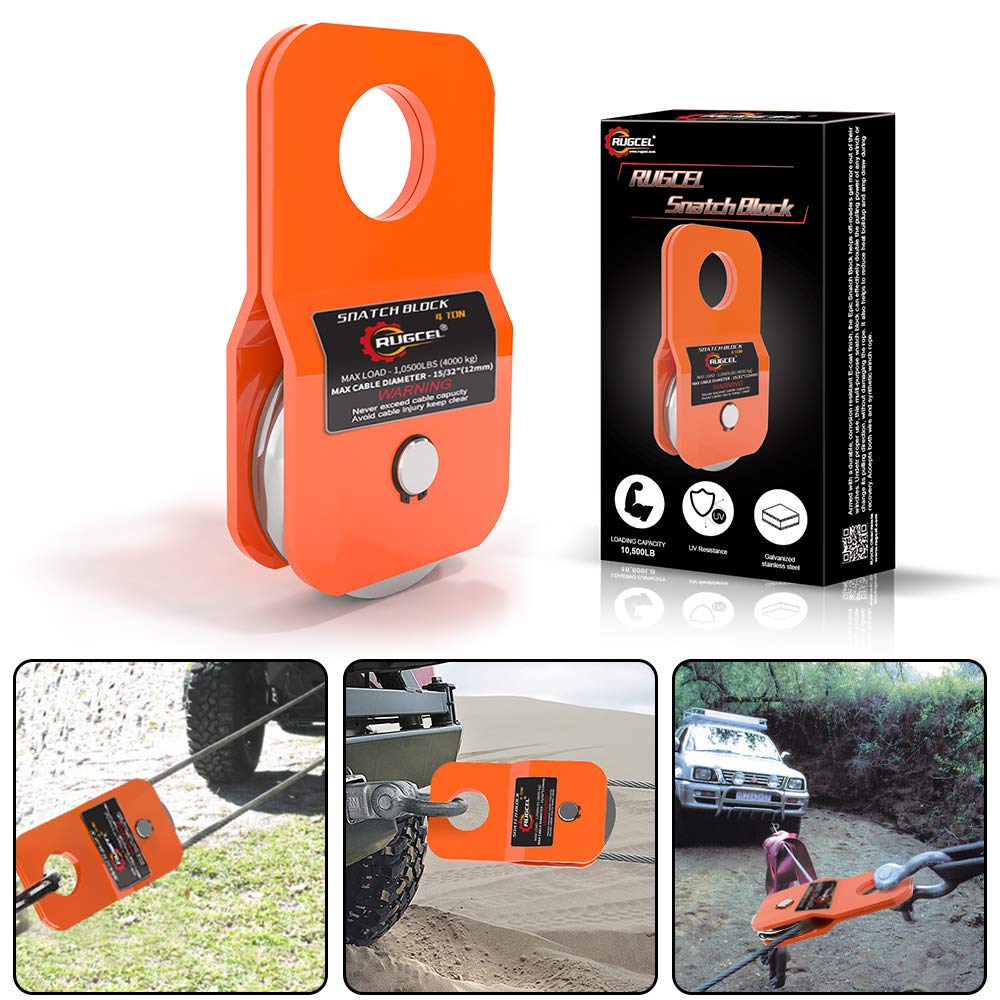 RUGCEL WINCH snatch block orange—doubles pulling power for tough off-road recoveries.