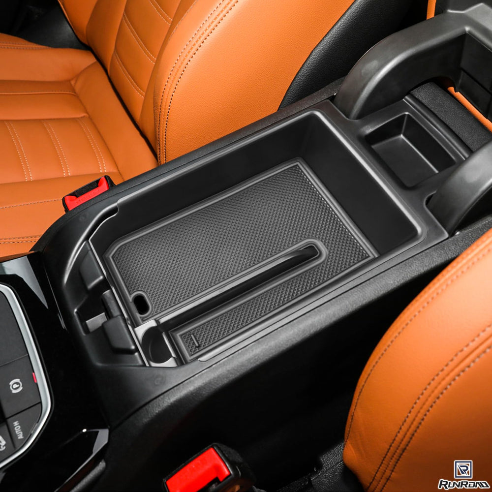RUNROAD black satin finish console tray matches interior aesthetics.