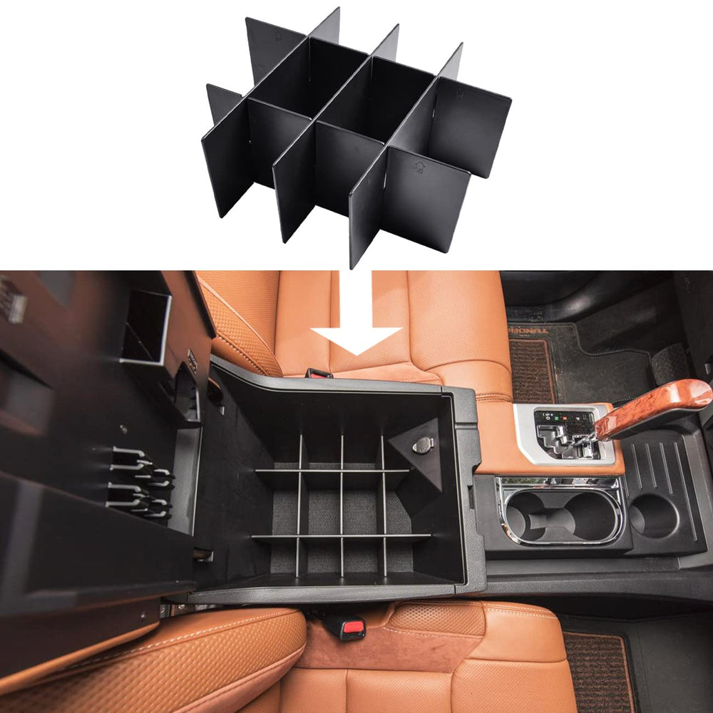 RunRoad center console divider installed in Toyota Tundra for organized storage.