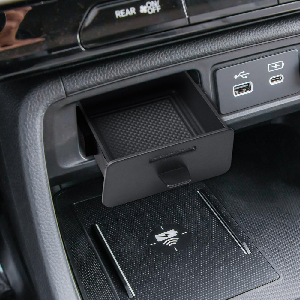 RUNROAD center console organizer tray fitted in Pilot, highlighting hidden storage option.