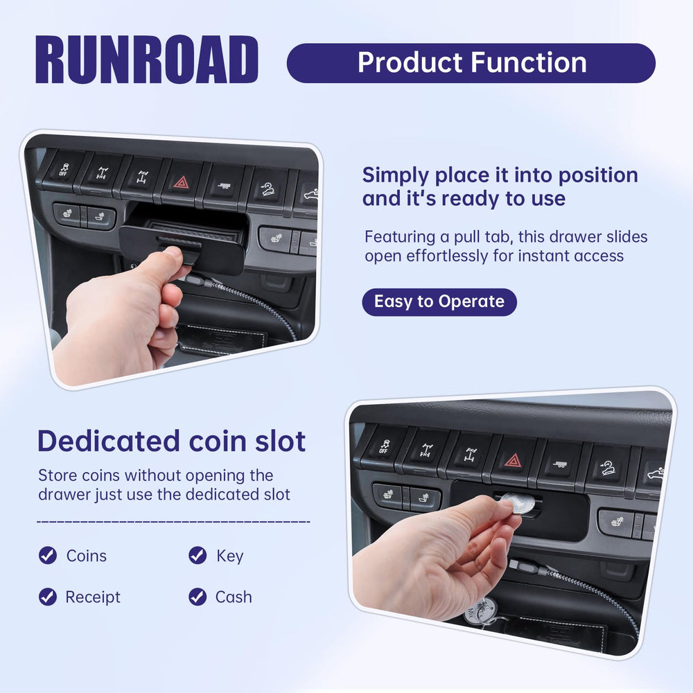 RUNROAD pull-tab drawer open for easy access while driving