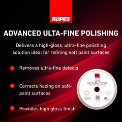 RUPES 150mm white D-A ultrafine pad open-cell detail reduces clogging during polishing.