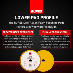 RUPES 2-pack yellow D-A ultra-fine foam polishing pads for repeated use.