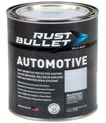 RUST BULLET Automotive metallic gray bottle ready for rust protection on metal.