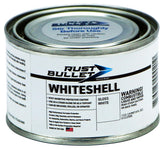 Rust Bullet WhiteShell gloss-white bottle applying durable metal finish.