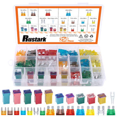 Rustark fuse kit front cover showing four fuse styles for quick car repairs.