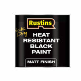 Rustins Heat Resistant Black Paint 250ml bottle for durable high-heat surface protection.