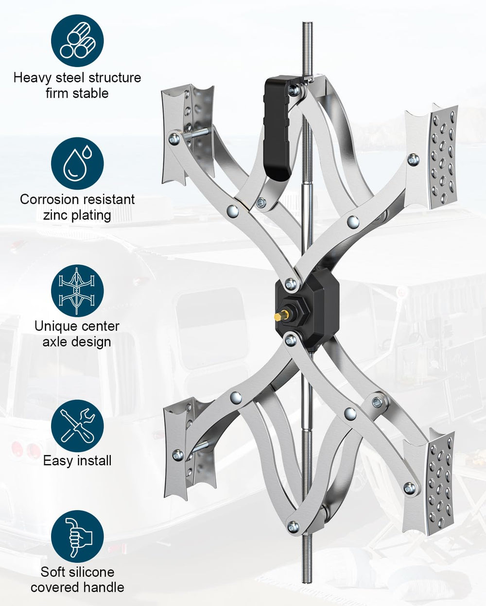 Rvdeaa X Chocks XL independent center-point design enhances tire stability.