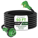 RVGUARD 30A 50ft RV power extension cord showing overall rugged build for outdoor use