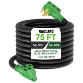 RVGUARD 50A 75ft extension cord stretched between RV and outlet, ideal for long camping setups.