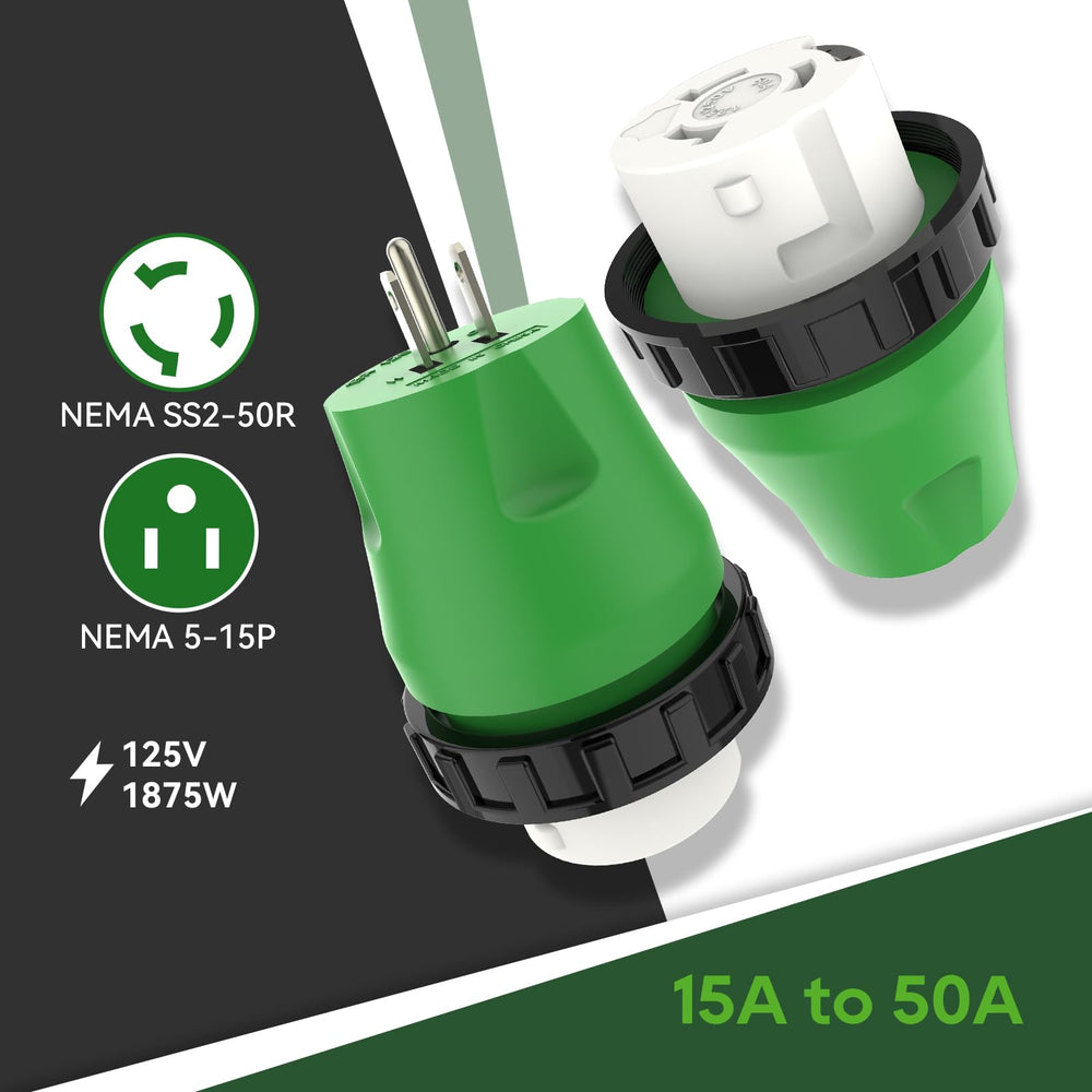 Green compact straight-style RV adapter saves space when stored