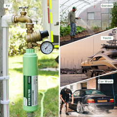 RVGUARD inline filter connected for RV and marine use setups.