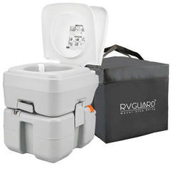 RVGUARD portable toilet front view for compact camping setup