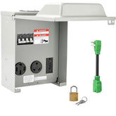 RVGUARD temporary power panel front view showing 50, 30, and 20 amp outlets for RVs.