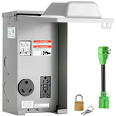 RVGUARD temporary power panel front view shows durable, weatherproof build for RV sites.