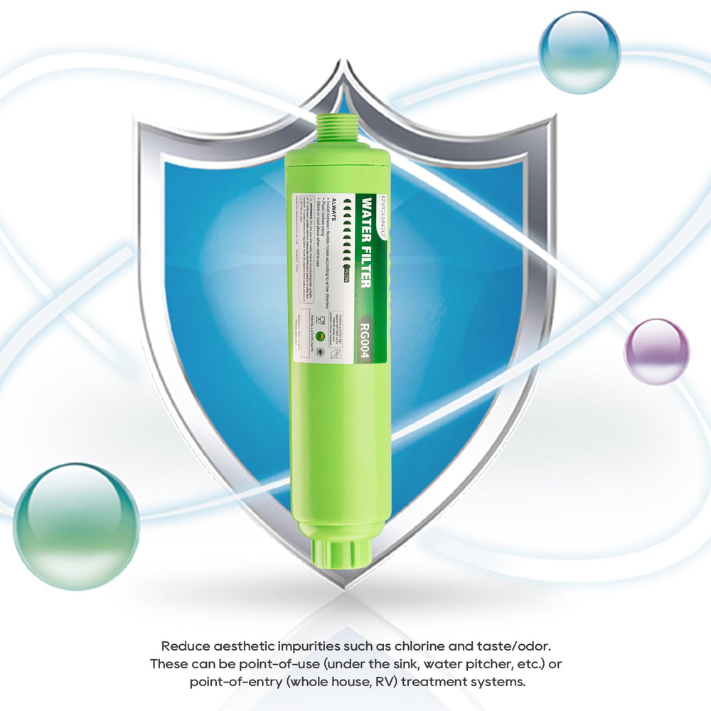 RVGUARD water filter close-up showing carbon media improving taste.