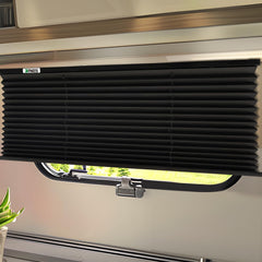 RVINGPRO RV blinds in black front view; blocks light and enhances privacy.