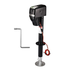 RVMATE electric A-frame trailer jack lifting a trailer for easy leveling and parking