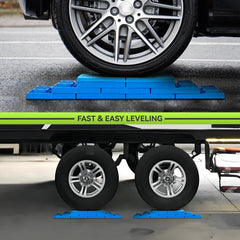 RVMATE leveling blocks dimensions show 8.5 by 8.5 inches for precise positioning.