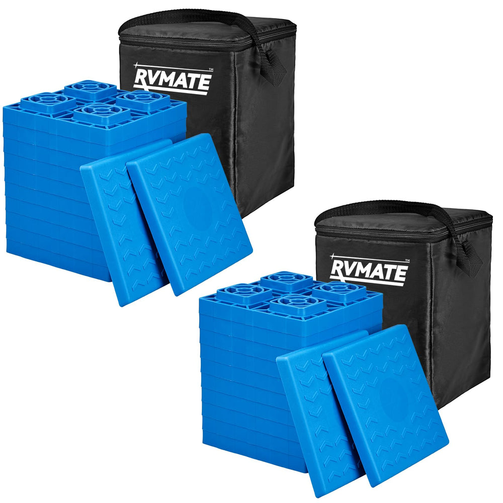 RVMATE RV leveling blocks setup demonstrates stable trailer on uneven ground.