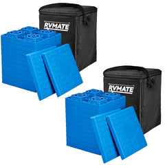 RVMATE RV leveling blocks setup demonstrates stable trailer on uneven ground.