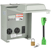 RVMATE RV outlet panel front view with weatherproof steel enclosure.